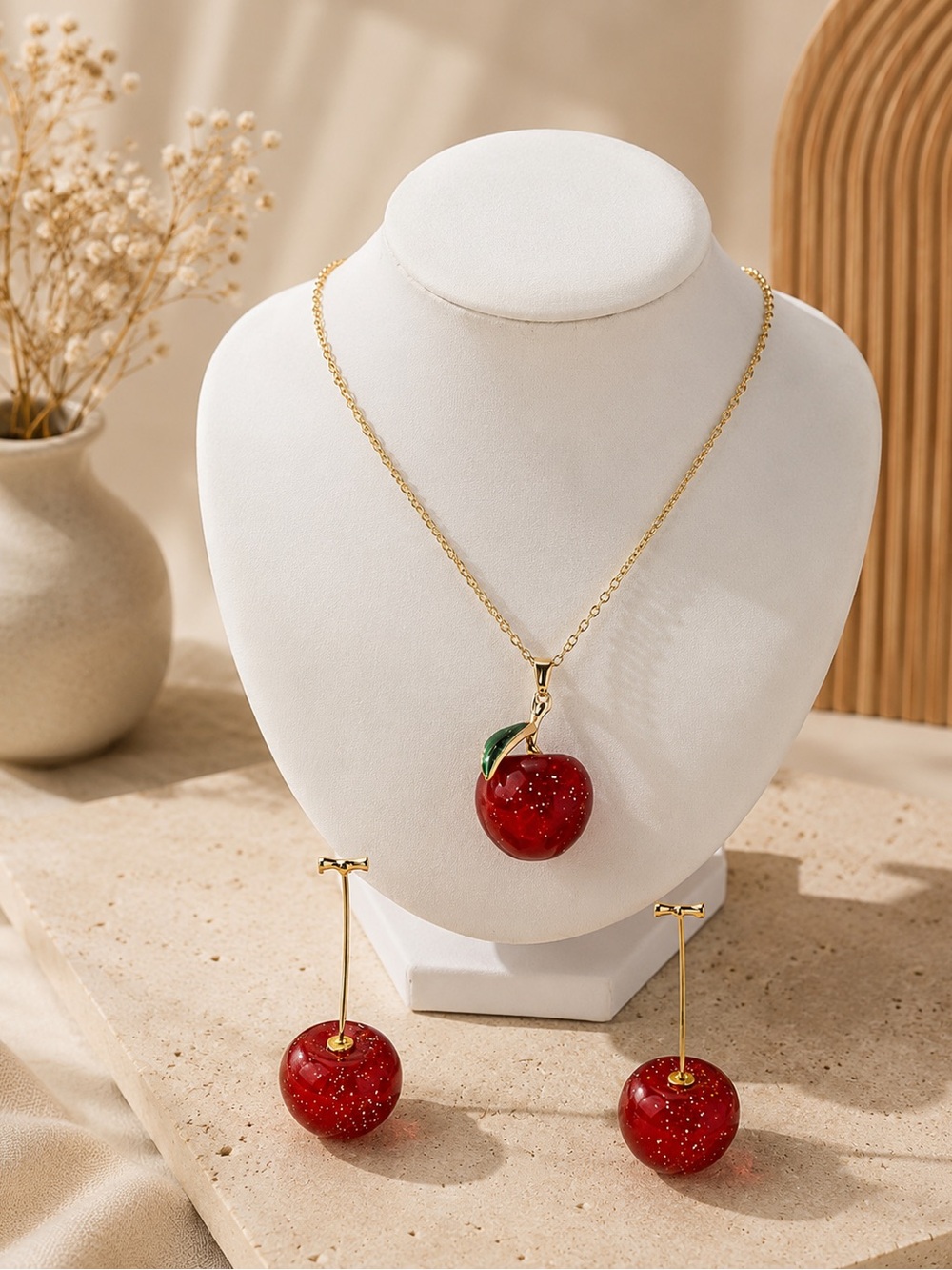 Gold-Tone Red Cherry Pendant Necklace and Earrings Set